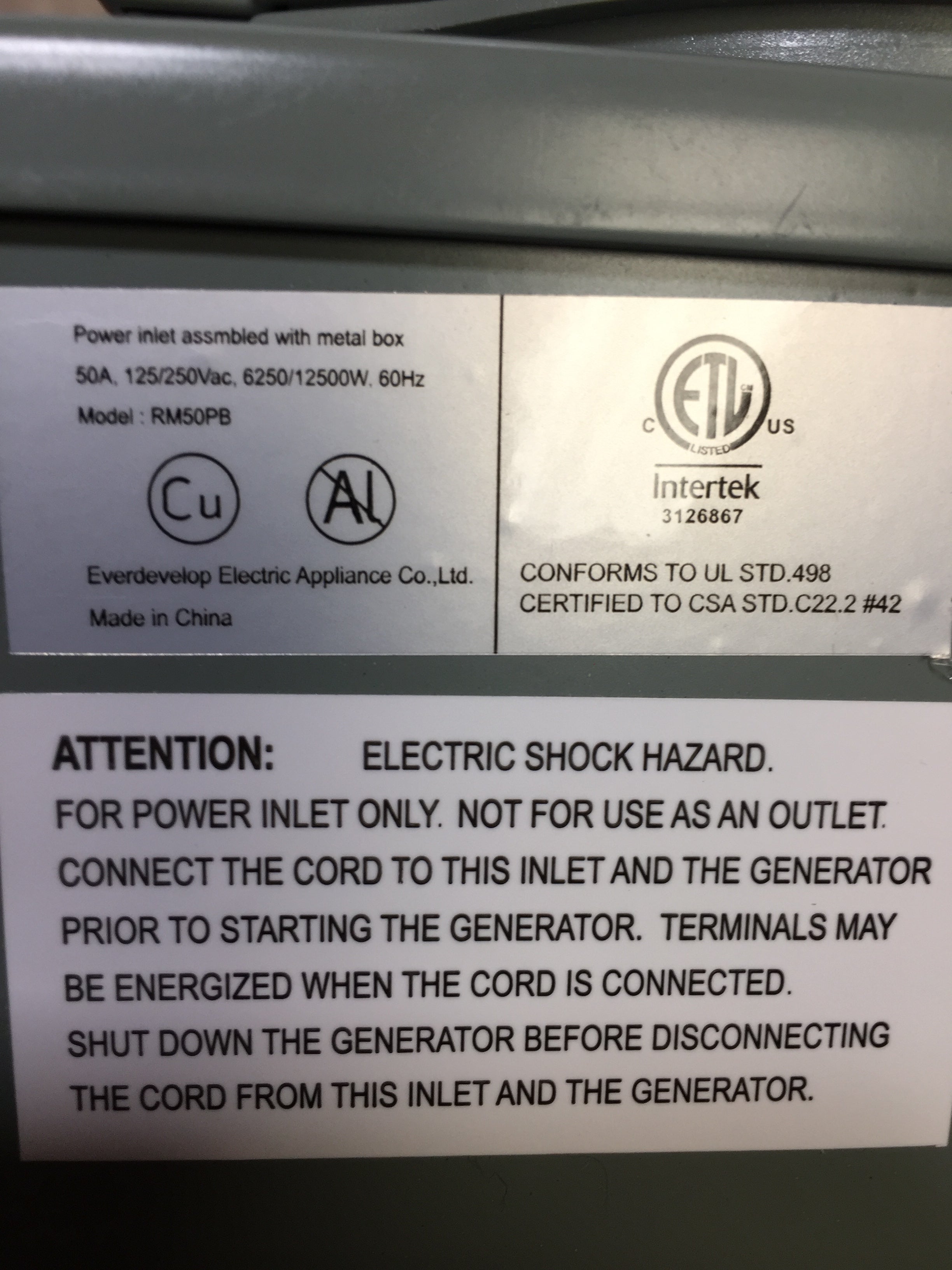 50Amp Generator Power Inlet Box (50A RM50PB) 50A 125/250V | SS 2-50P (7328720945390)